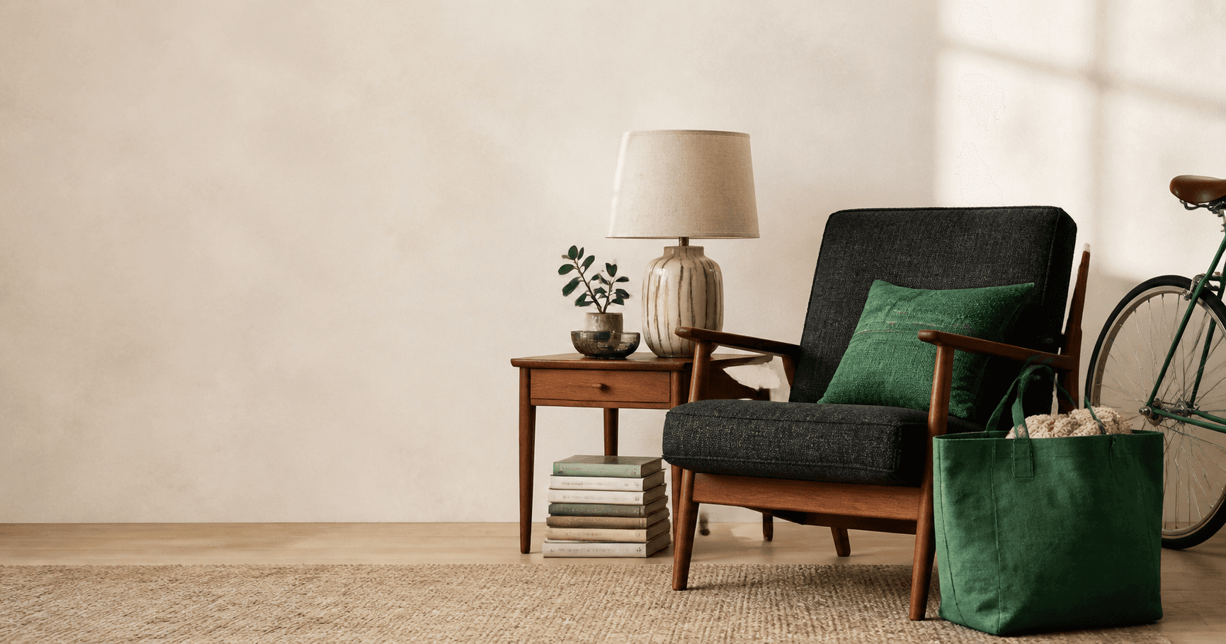 A collection of secondhand furniture, books, and a bicycle ready for a new home